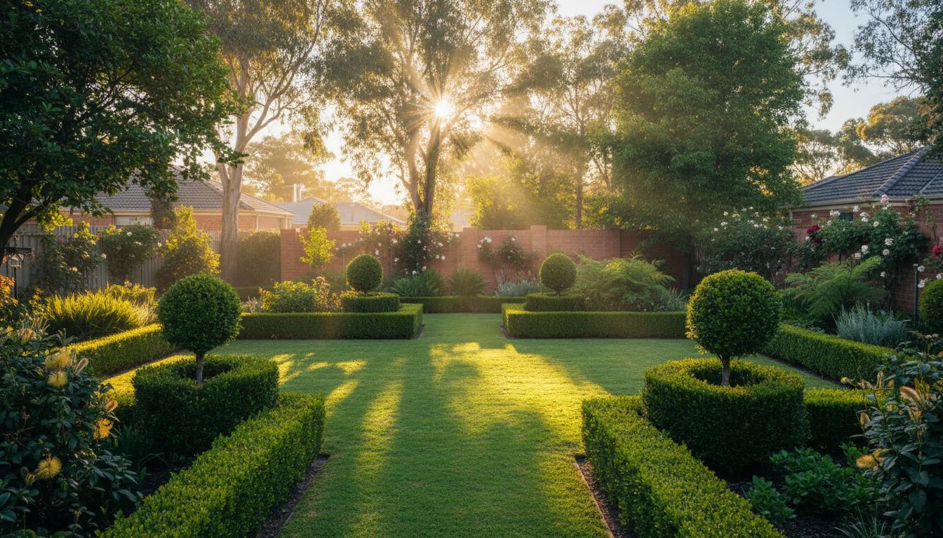 Morning light over a tidy formal garden and hedges