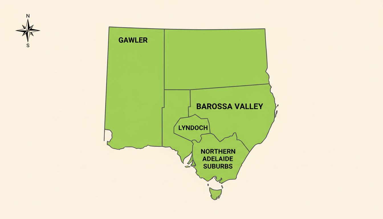 Service area map showing Gawler, Barossa, Lyndoch and Northern Adelaide suburbs