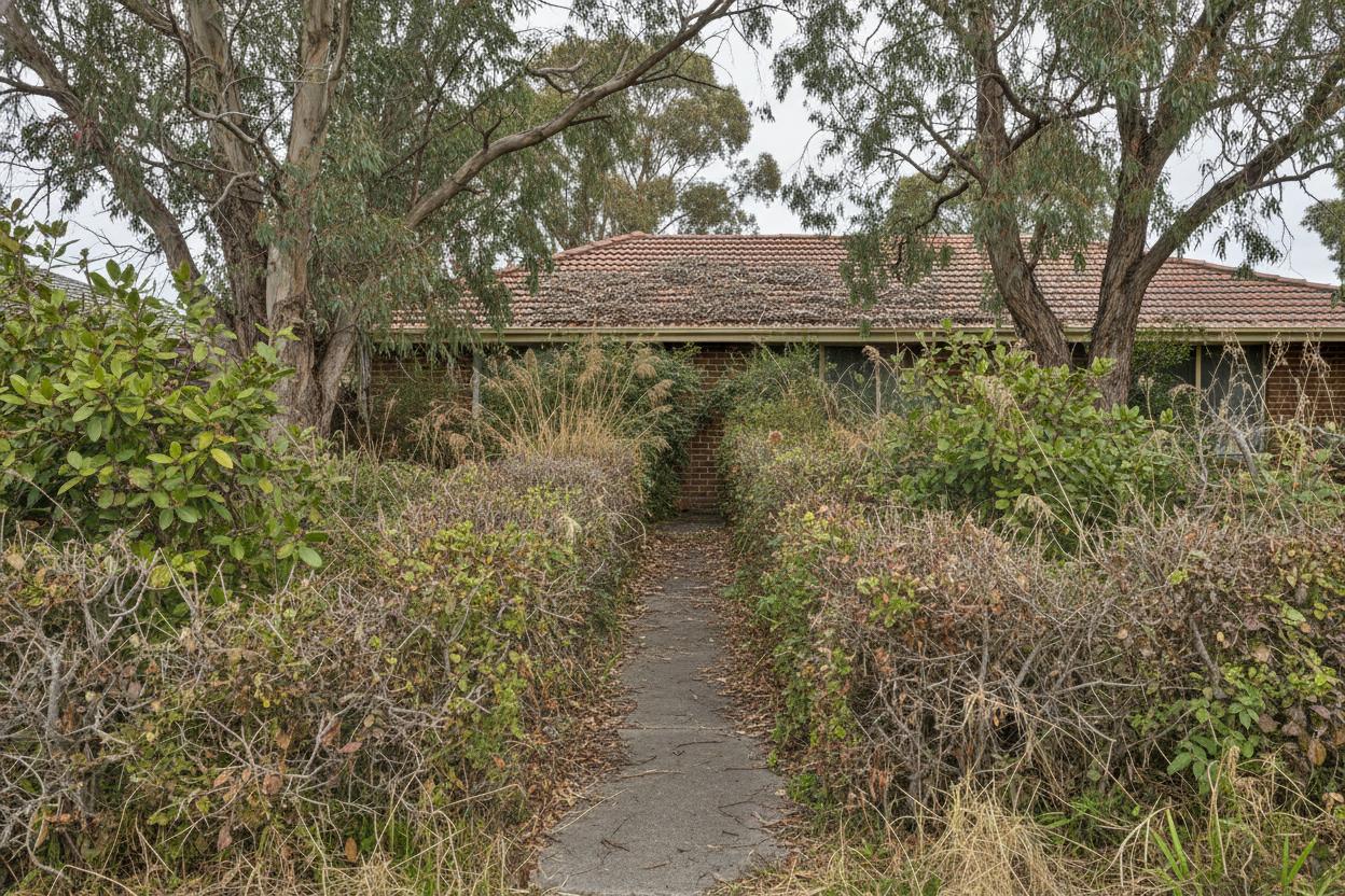 Overgrown garden path before maintenance