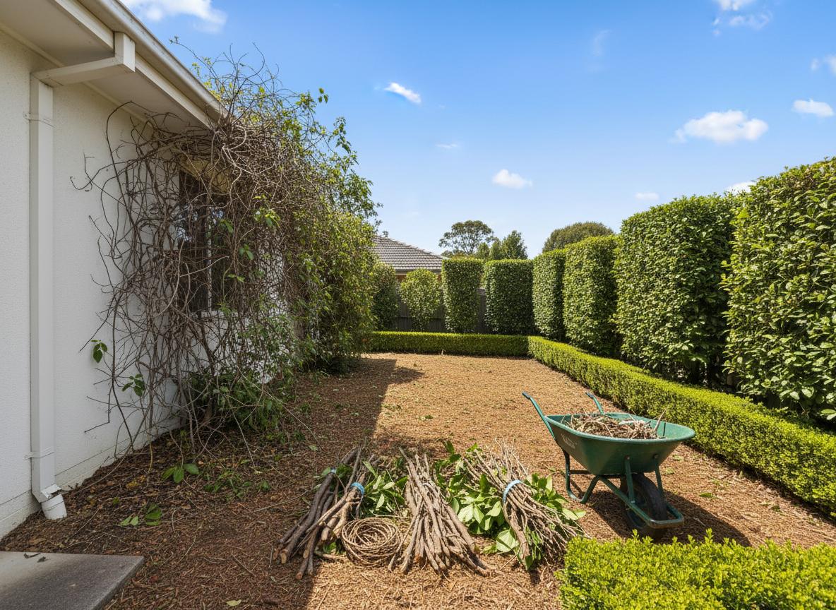 Vines and shrubs cut back from the property